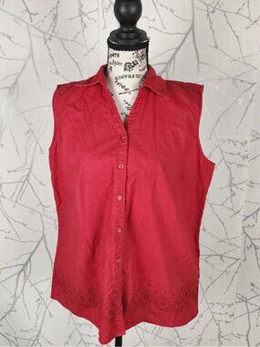 Northern Reflections Red Embroidered Linen Cotton Button Front Tank